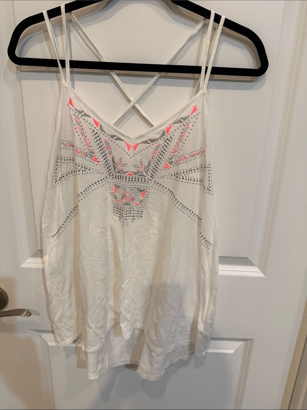 Express White Crisscross Back Camisole with Neon Pink Stud Detail